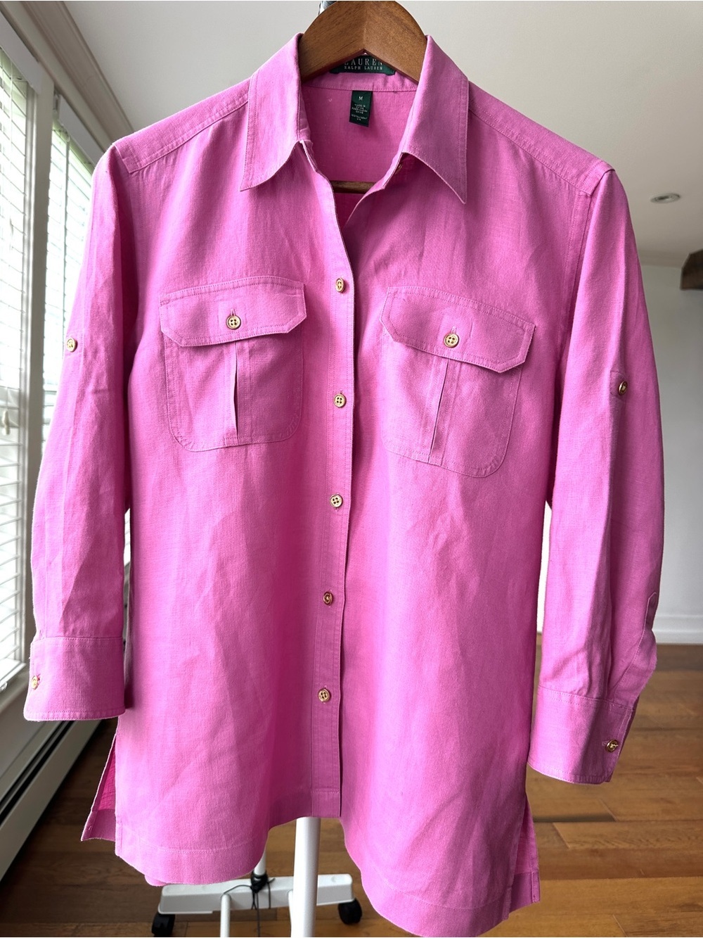 Lauren Ralph Lauren Pink Utility Button-Up Shirt, Roll Tab Sleeves, π― Linen - Picture 4 of 13